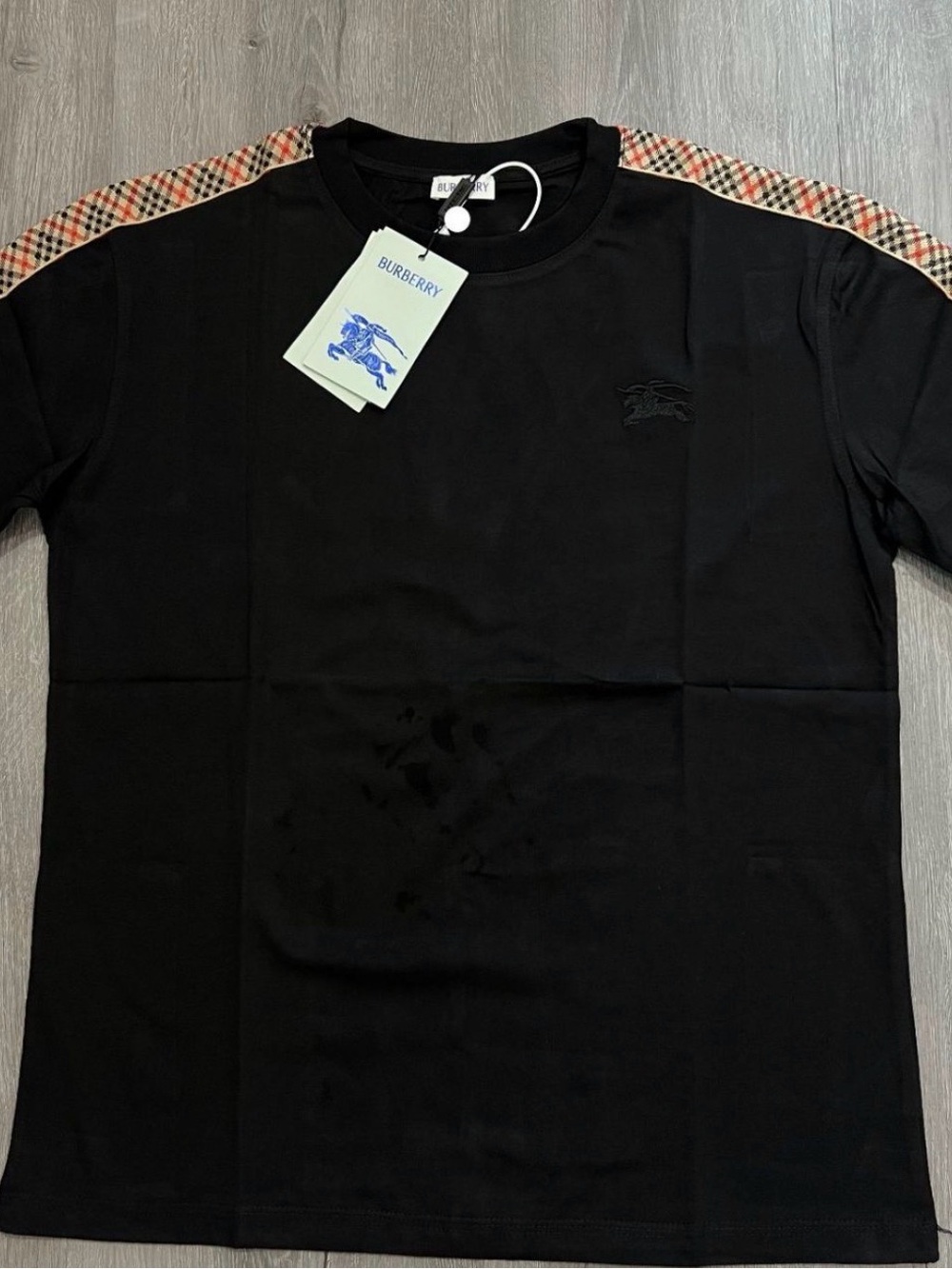 Burberry Black Crewneck Tee with Signature Check Shoulder Panels
